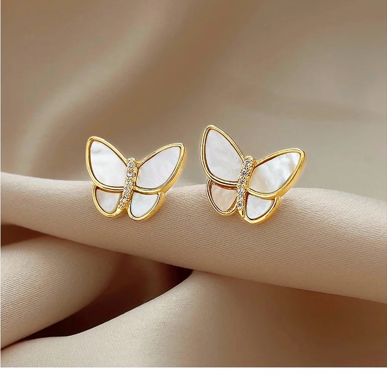 New 18k Gold Plated Diamond Mother Of Pearl Butterfly Stud Earrings